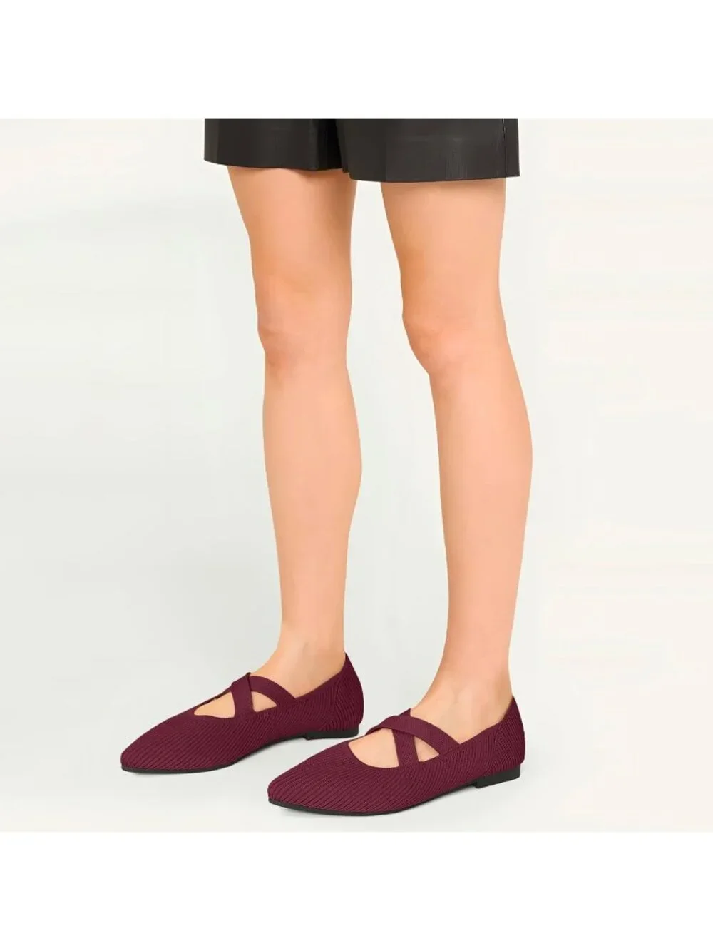 Women's Red Pointed Toe Comfortable Mary Jane Slip-On Knit Ballet Flat Shoes